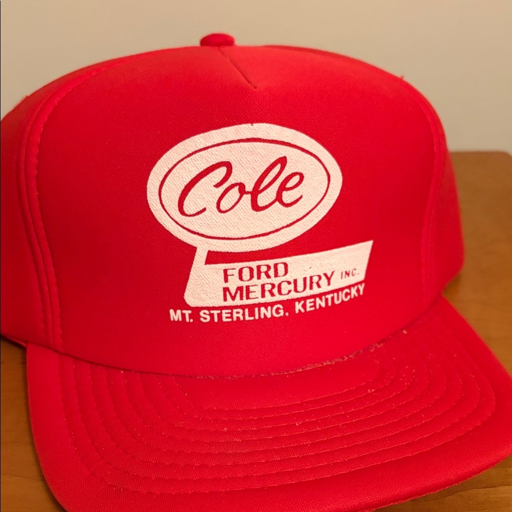Vintage bright red & white trucker hat retro logo Cole Ford Mercury KY